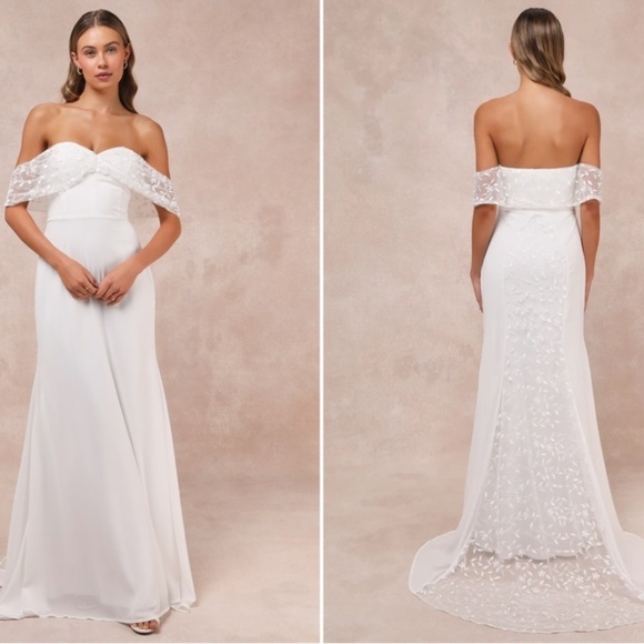 LULU's Bridal Wedding Romantic Sexy Off the Shoulder Flowy Mermaid Gown - Picture 1 of 5